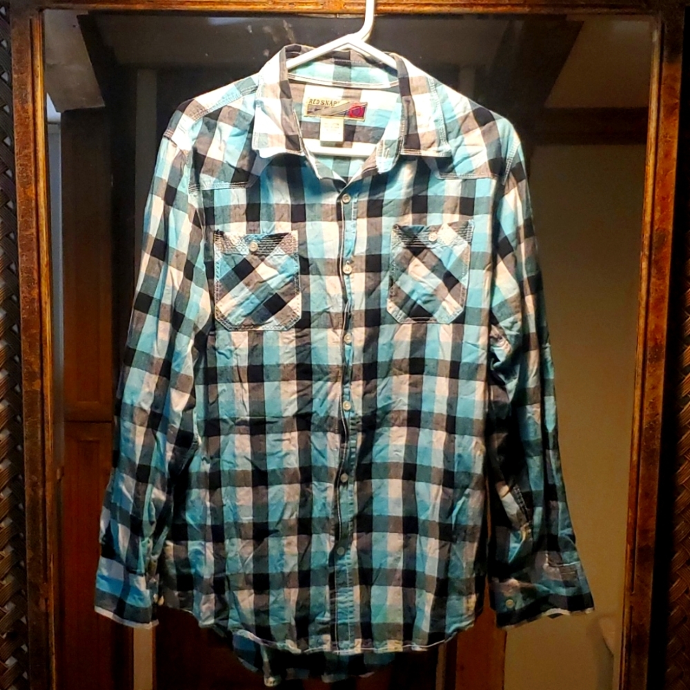 Plaid, Red Snap, button down dress shirt, Large